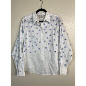 Dhruv Kapoor Anthropologie Button Up Top Women size XL White Blue 3D flower Boho